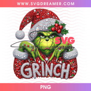 Grinch Diamond Rhinestone Face Sparkling Santa Hat PNG, Luxury Jeweled Green Monster Christmas Bling PNG Shirt Design
