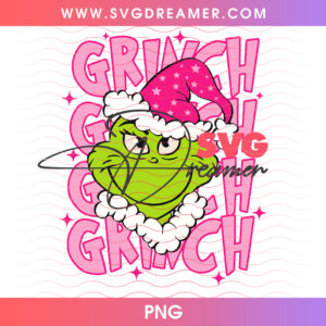 Grinch Face Pink Glitter Santa Hat Heart Eyes Png PNG
