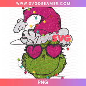 Grinch Face Pink Glitter Santa Hat Heart Shades Png PNG