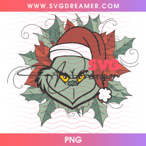 Grinch Face Red Poinsettia Wreath Christmas Png PNG