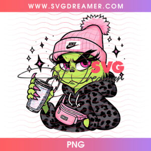 Grinch Girl In Pink Beanie Leopard Coat Drink Png PNG