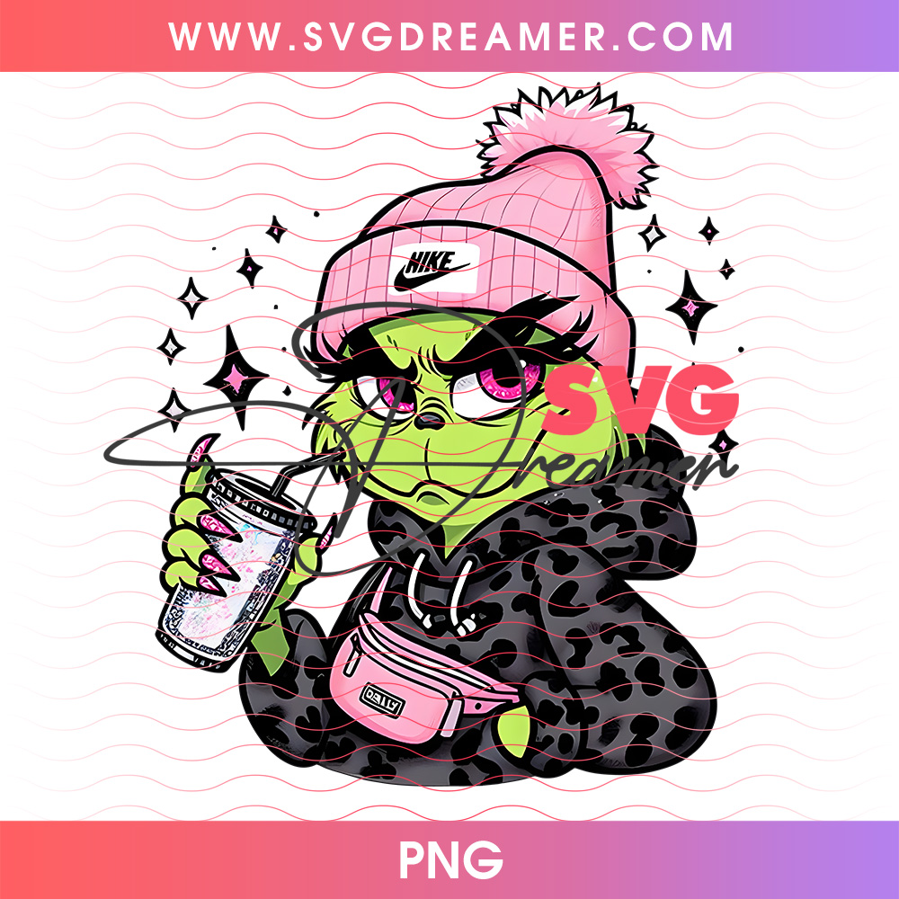 Grinch Girl In Pink Beanie Leopard Coat Drink Png PNG 2 Grinch Girl In Pink Beanie Leopard Coat Drink Png PNG