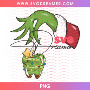 Grinch Hand Holding Dental Tooth Bauble Png PNG
