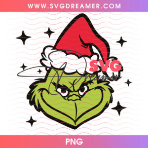 Grinch Smirking Face Red Santa Hat Stars Png PNG
