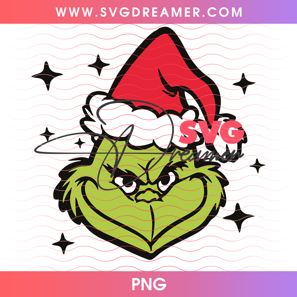 Grinch Smirking Face Red Santa Hat Stars Png PNG 2 Grinch Smirking Face Red Santa Hat Stars Png PNG