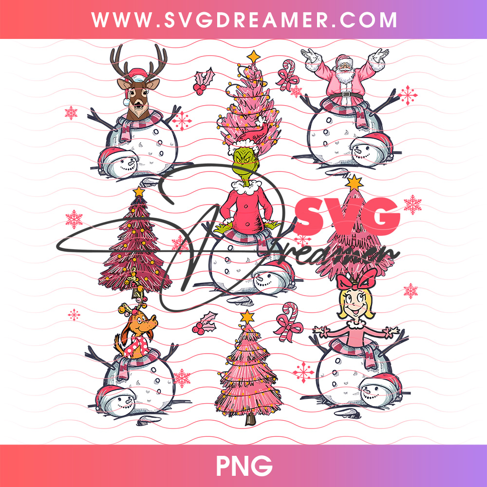 Grinch Snowmen Pink Christmas Trees Collage Png PNG 2 Grinch Snowmen Pink Christmas Trees Collage Png PNG
