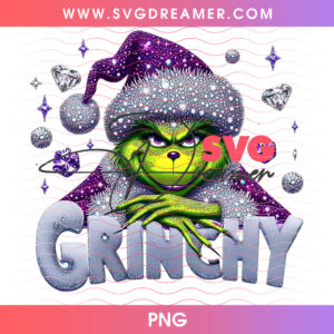 Grinchy Diamond Rhinestones In Purple Sparkle Hat PNG, Glamorous Green Monster Jewelry Holiday Glitter PNG Shirt Design