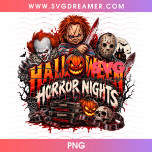 Halloween Horror Nights Slasher Trio Carved Pumpkin PNG, Pennywise Chucky Jason Spooky Season PNG Shirt Design