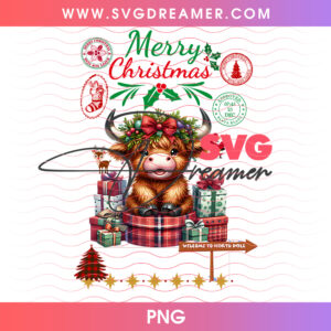 Highland Calf Sitting On Christmas Gifts Png PNG
