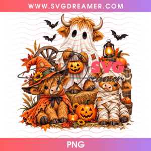 Highland Cow Ghost Costumes Witch Hats Pumpkin Patch PNG, Cute Farm Animals Spooky Autumn Farmhouse PNG Shirt Design