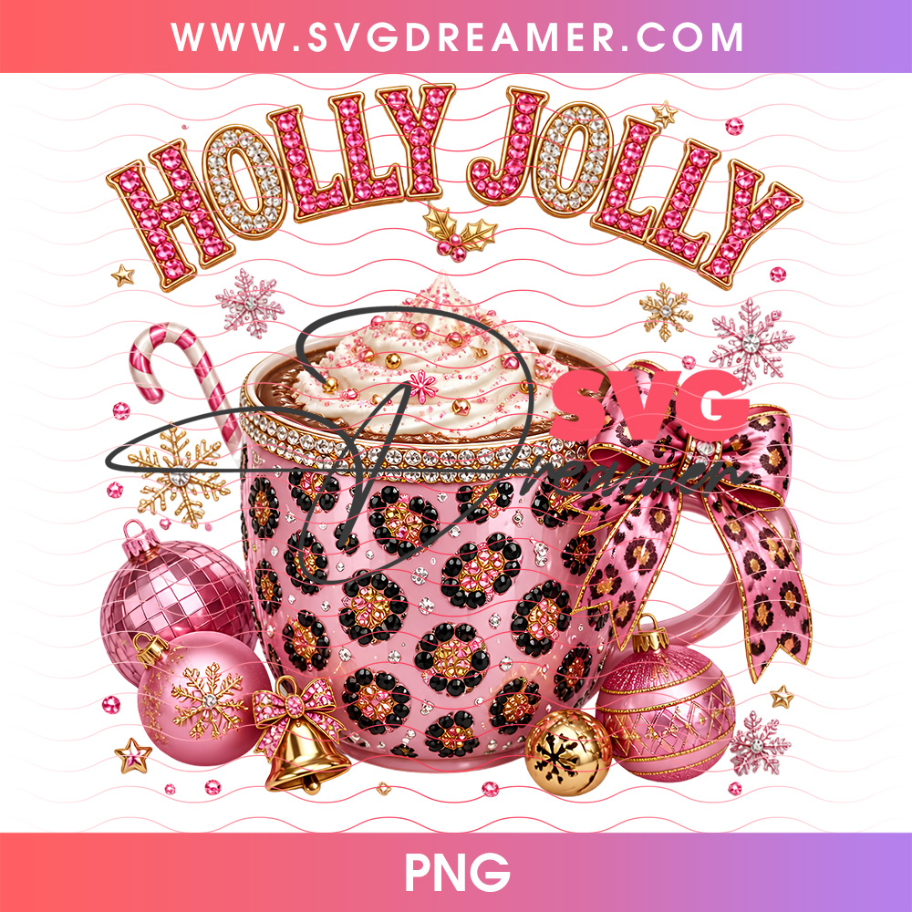 Holly Jolly Pink Leopard Hot Cocoa Mug Diamond Whipped Cream PNG Shirt Design 2 Holly Jolly Pink Leopard Hot Cocoa Mug Diamond Whipped Cream PNG Shirt Design