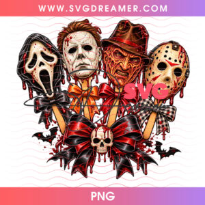 Horror Killer Cake Pops Plaid Bows Halloween Treat PNG, Ghostface Michael Myers Freddy Jason Dessert PNG Shirt Design