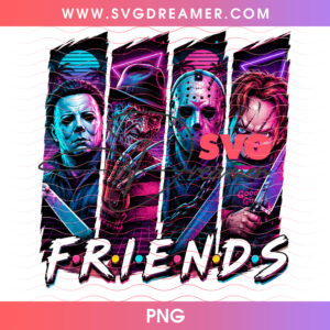 Horror Movie Killers Friends Parody Neon Retro Synthwave Stripes PNG, Michael Freddy Jason Chucky Slasher Squad Graphic PNG Shirt Design
