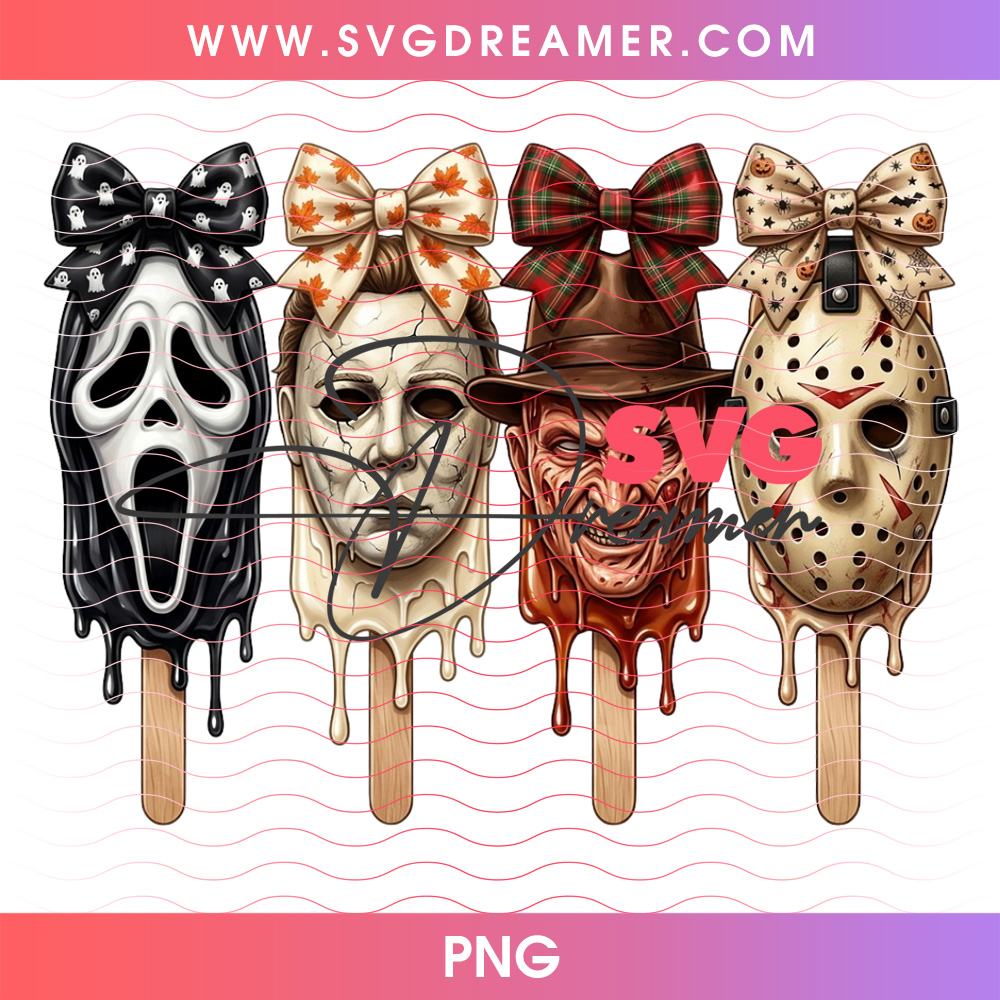 Horror Movie Killers Slasher Popsicles Plaid Bows Blood Dripping PNG, Michael Freddy Ghostface Jason Ice Cream PNG Shirt Design 2 Horror Movie Killers Slasher Popsicles Plaid Bows Blood Dripping PNG, Michael Freddy Ghostface Jason Ice Cream PNG Shirt Design