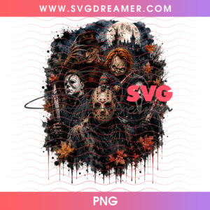 Horror Movie Slashers Squad Autumn Full Moon Splatter PNG, Michael Jason Freddy Pennywise Ghostface Chucky PNG Shirt Design