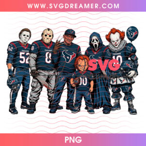 Houston Texans Football Horror Movie Slasher Squad PNG, Halloween Game Day Texans Chucky Michael Freddy Jason PNG Shirt Design