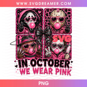 In October We Wear Pink Slasher Squad Bubblegum Heart Glasses PNG, Cute Horror Movie Killers Pink Leopard Spooky PNG Shirt Design