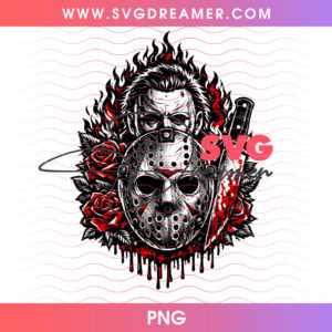 Jason Voorhees Michael Myers Bloody Dagger Red Flame Splatter PNG, Slasher Icons Duo Friday The 13th Halloween Horror PNG Shirt Design