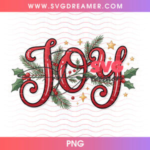 Joy Holiday Script Typography Pine Holly Berries Wreath PNG, Elegant Festive Christmas Lettering PNG Shirt Design
