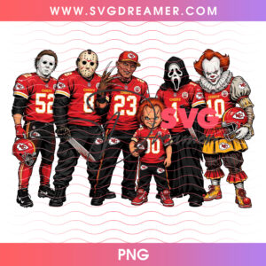 Kansas City Chiefs Football Horror Movie Slasher Squad PNG, Halloween Game Day Chiefs Chucky Michael Freddy Jason PNG Shirt Design