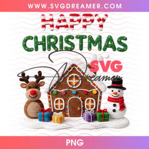 Knitted Gingerbread House Reindeer Happy Christmas PNG