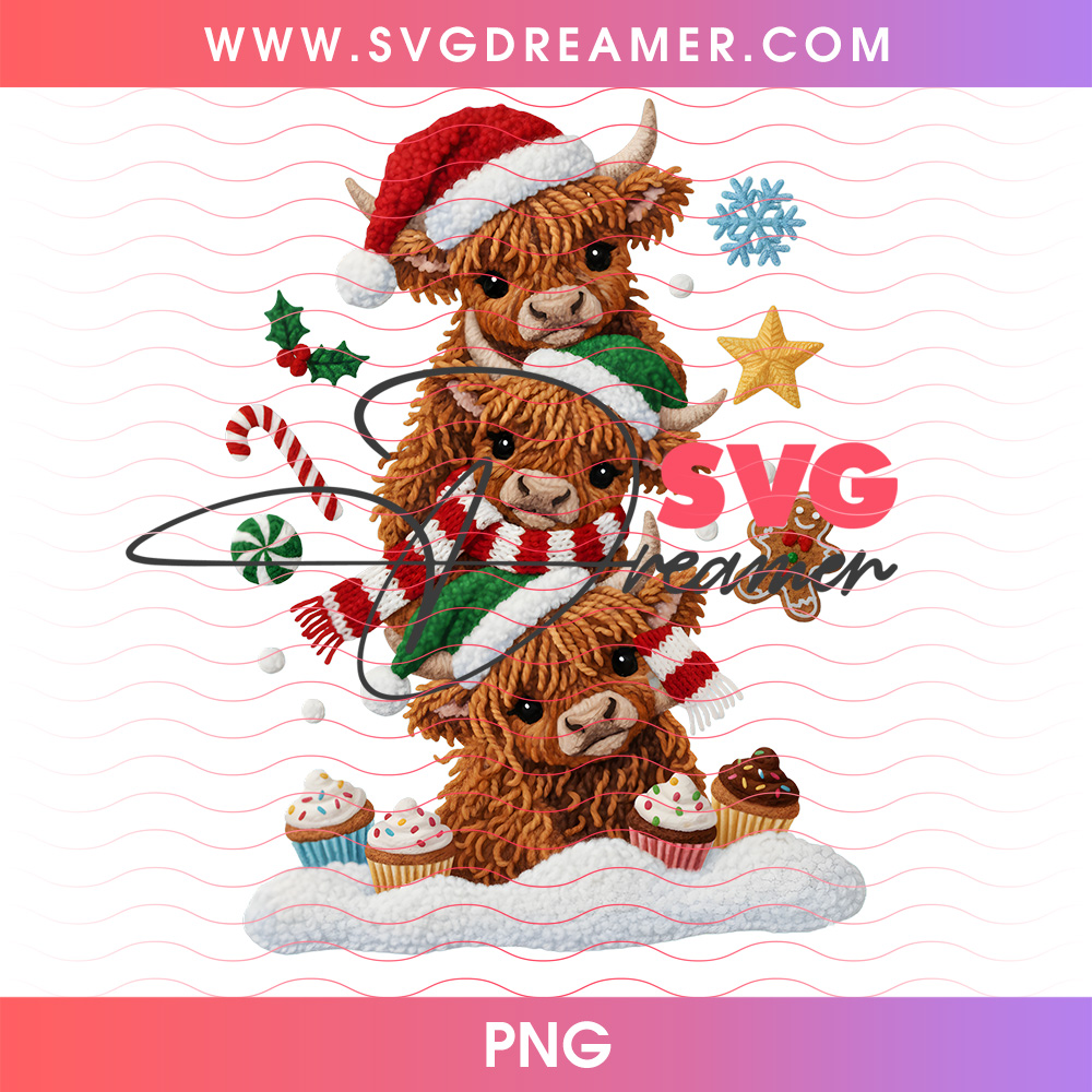 Knitted Yarn Highland Cow Christmas Cupcake Treats PNG 2 Knitted Yarn Highland Cow Christmas Cupcake Treats PNG