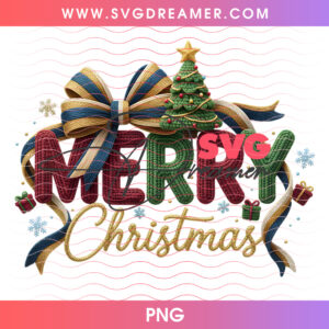 Knitted Yarn Merry Christmas Gold Ribbon Pine Tree PNG