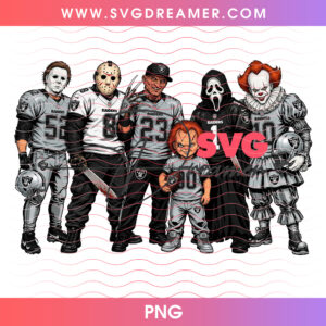 Las Vegas Raiders Football Horror Movie Slasher Squad PNG, Halloween Game Day Raiders Chucky Michael Freddy Jason PNG Shirt Design