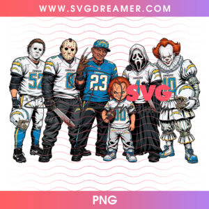Los Angeles Chargers Football Horror Movie Slasher Squad PNG, Halloween Game Day Chargers Chucky Michael Freddy Jason PNG Shirt Design