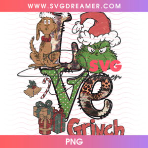 LOVE Grinch Max Dog Leopard Print Holiday Lettering PNG, Festive Whoville Christmas Heart Present PNG Shirt Design