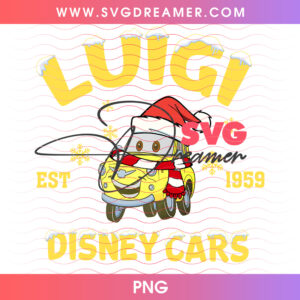 Luigi Est 1959 Disney Cars Santa Hat Christmas Scarf PNG, Radiator Springs Yellow Fiat Holiday PNG Shirt Design