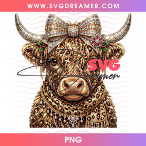 Luxury Diamond Leopard Highland Cow Christmas Horns PNG Shirt Design