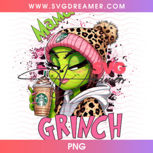 Mama Grinch Leopard Print Beanie Iced Coffee Drink PNG, Stylish Christmas Mom Whoville Holiday PNG Shirt Design