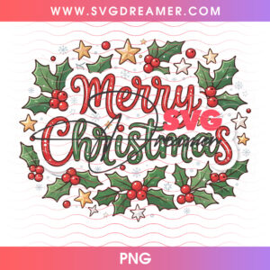 Merry Christmas Calligraphy Lettering Holly Berries Wreath PNG, Elegant Traditional Holiday Wreath PNG Shirt Design