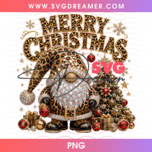 Merry Christmas Diamond Leopard Gnome With Tree PNG Shirt Design