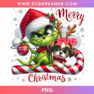 Merry Christmas Grinch And Max Puppy Holding Ornament PNG, Whimsical Holiday Duo Candy Cane Wreath PNG Shirt Design