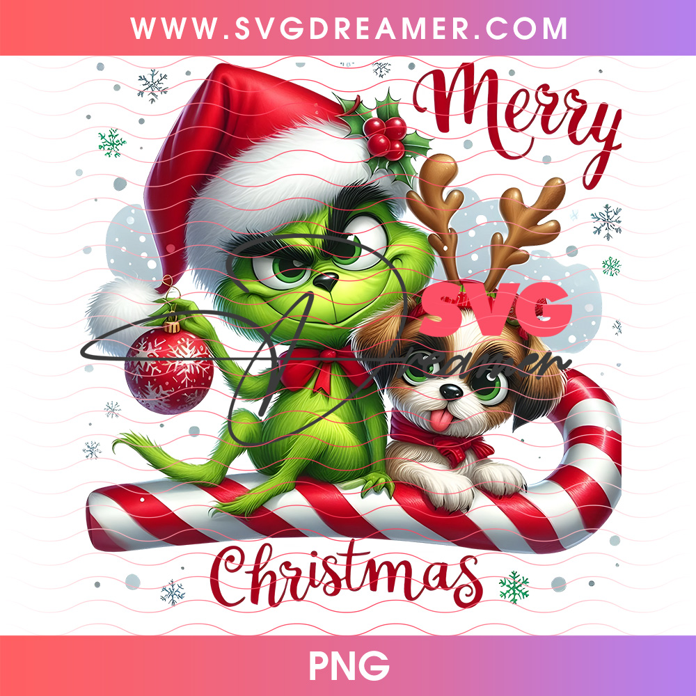 Merry Christmas Grinch And Max Puppy Holding Ornament PNG, Whimsical Holiday Duo Candy Cane Wreath PNG Shirt Design 2 Merry Christmas Grinch And Max Puppy Holding Ornament PNG, Whimsical Holiday Duo Candy Cane Wreath PNG Shirt Design