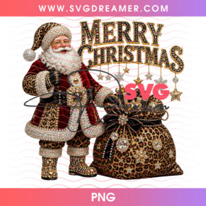 Merry Christmas Jeweled Santa With Leopard Gift Bag PNG Shirt Design
