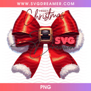 Merry Christmas Red Velvet Santa Belt Ribbon Bow PNG, Elegant Holiday Wreath Bow Gold Buckle PNG Shirt Design