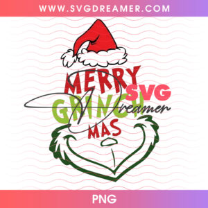 Merry Grinchmas Grinch Smile Face In Santa Hat PNG, Classic Holiday Green Monster Smirk Typography PNG Shirt Design