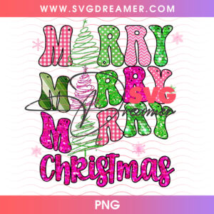 Merry Merry Merry Christmas Stacked Retro Plaid Typography PNG, Festive Pink Green Holiday Lettering PNG Shirt Design