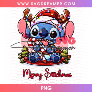 Merry Stitchmas Cute Baby Stitch With Antlers And Candy Cane PNG Shirt Design