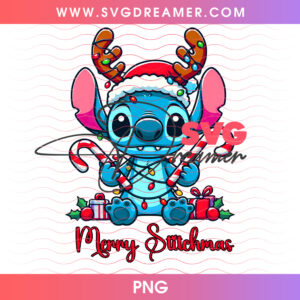 Merry Stitchmas Stitch With Reindeer Antlers And Christmas Lights PNG Shirt Design