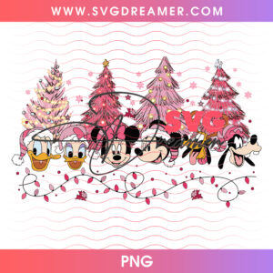 Mickey And Friends Pink Christmas Tree Lights PNG, Disney Holiday Squad String Lights PNG Shirt Design