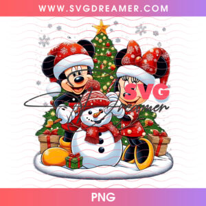 Mickey And Minnie Mouse Building Snowman PNG, Cute Disney Winter Couple Holiday Tree PNG Shirt Design