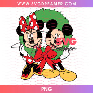 Mickey And Minnie Mouse Inside Christmas Wreath PNG, Cute Disney Holiday Couple Red Bow PNG Shirt Design