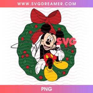 Mickey Mouse Emerging From Christmas Wreath Red Bow PNG
