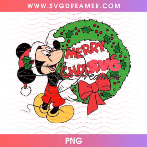 Mickey Mouse Leaning On Merry Christmas Pine Wreath PNG, Classic Holiday Greetings Red Bow PNG Shirt Design