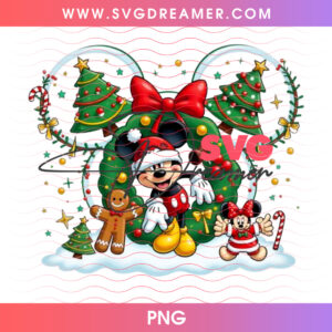 Mickey Mouse Silhouette Christmas Wreath Gingerbread Trees PNG, Festive Holiday Evergreens Baubles PNG Shirt Design