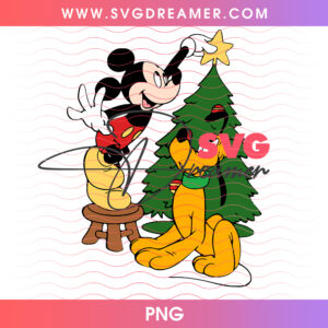 Mickey Mouse Placing Star On Christmas Tree With Pluto PNG, Disney Holiday Tree Decorating Duo PNG Shirt Design